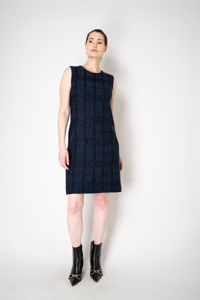 Amina Rubinacci Knit Tweed Sequin Embellished Sleeveless Dress in Navy Vancouver. Shop Online or in Store.