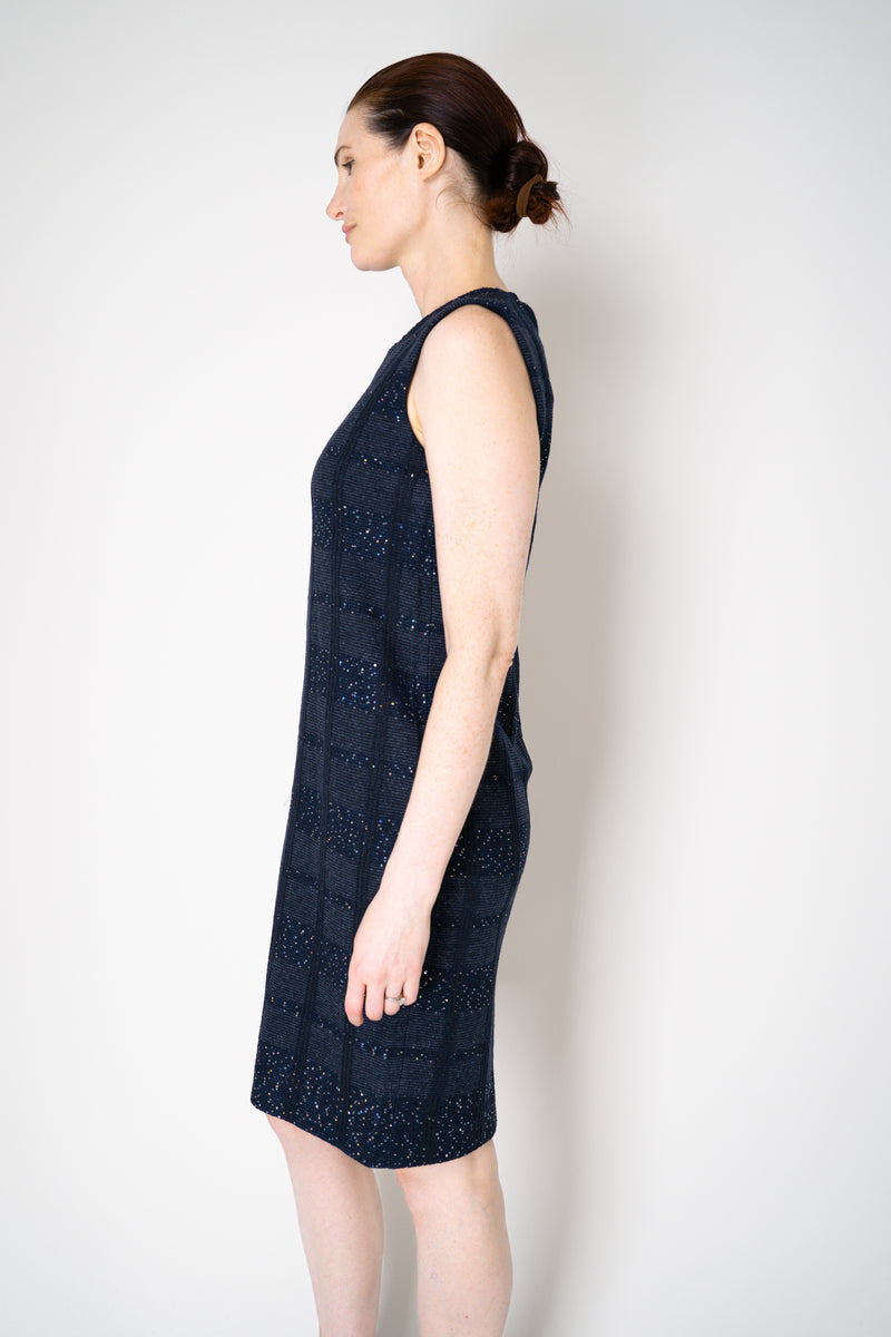 Amina Rubinacci Knit Tweed Sequin Embellished Sleeveless Dress in Navy Vancouver. Shop Online or in Store.