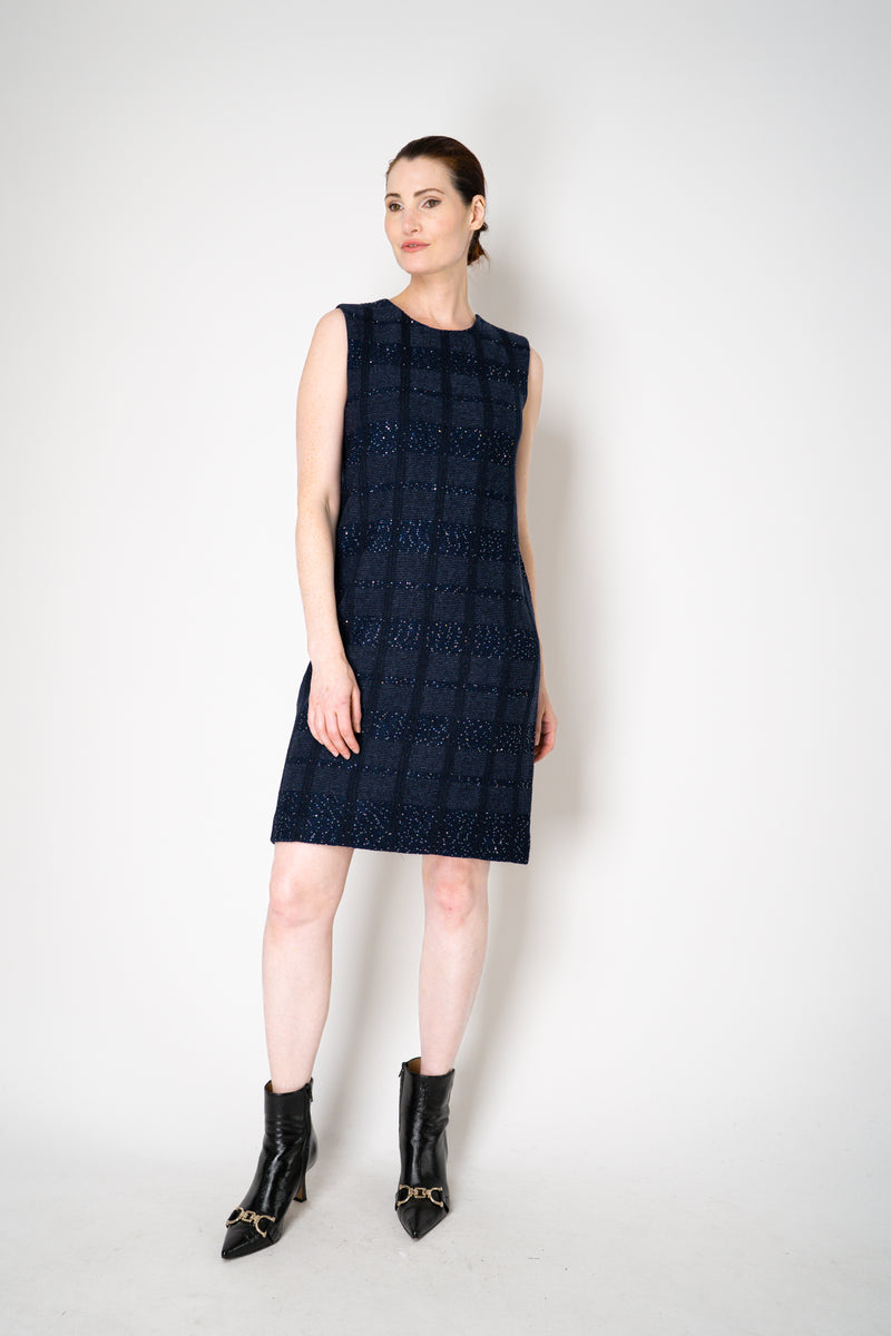 Amina Rubinacci Knit Tweed Sequin Embellished Sleeveless Dress in Navy Vancouver. Shop Online or in Store.
