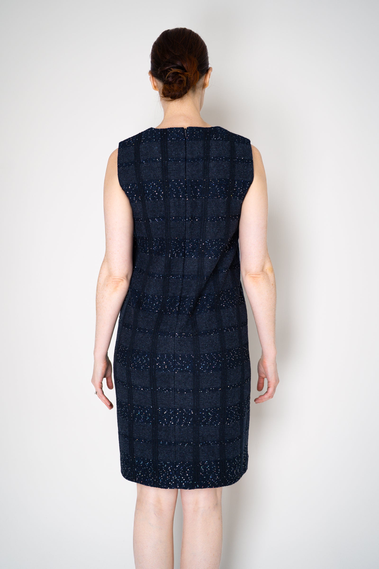 knee length dresses for ladies Amina Rubinacci Knit Tweed Sequin Embellished Sleeveless Dress in Navy –  Ashia Mode