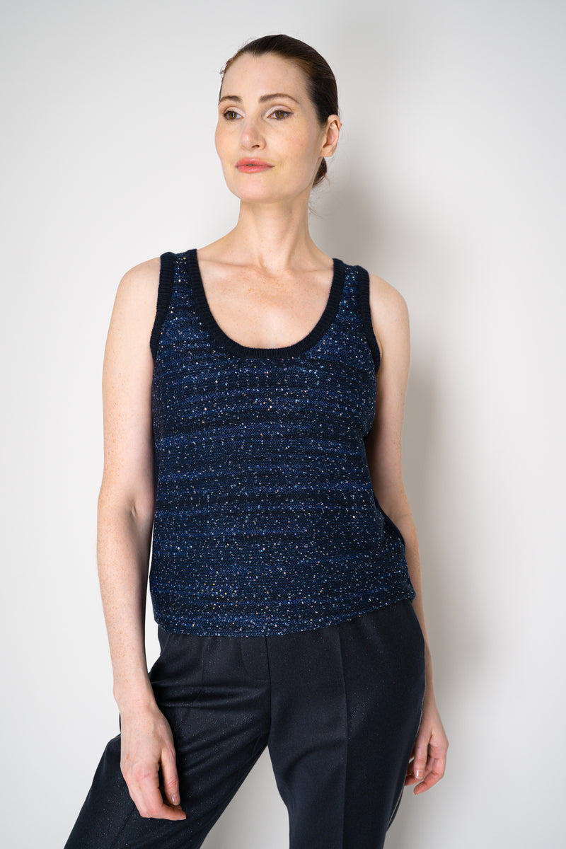 Amina Rubinacci Knit Tweed Sequin Embellished Sleeveless Top in Navy Vancouver. Shop Online or in Store.