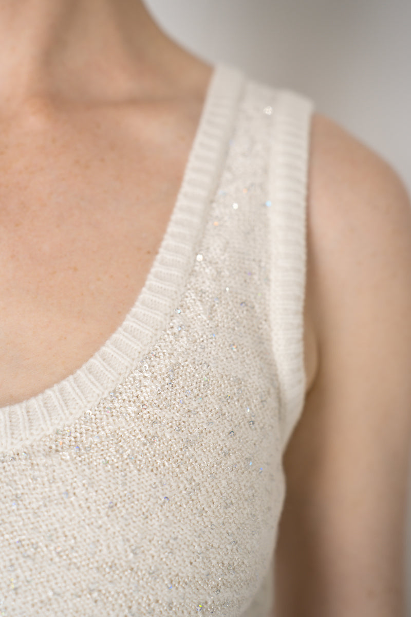 Amina Rubinacci Knit Tweed Sequin Embellished Sleeveless Top in Off-White Vancouver. Shop Online or in Store.