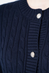 Amina Rubinacci Organic Cotton Cable Knit Cardigan in Navy Vancouver. Shop Online or in Store.