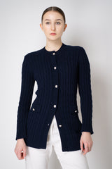Amina Rubinacci Organic Cotton Cable Knit Cardigan in Navy Vancouver. Shop Online or in Store.