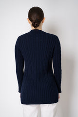 Amina Rubinacci Organic Cotton Cable Knit Cardigan in Navy Vancouver. Shop Online or in Store.