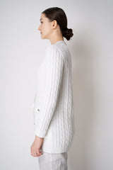 Amina Rubinacci Organic Cotton Long Cable Knit Cardigan in White Vancouver. Shop Online or in Store.