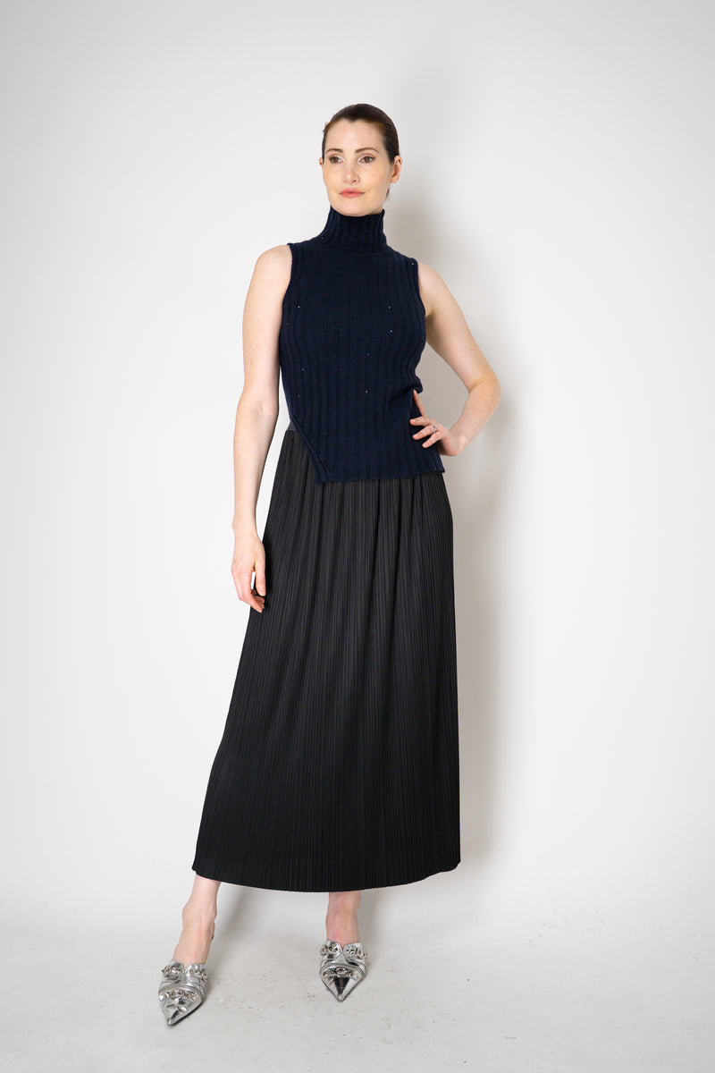 Amina Rubinacci Sequin Knit Turtleneck with Hip Cut-Out in Navy Vancouver. Shop Online or in Store.