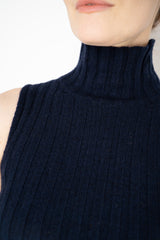 Amina Rubinacci Sequin Knit Turtleneck with Hip Cut-Out in Navy Vancouver. Shop Online or in Store.