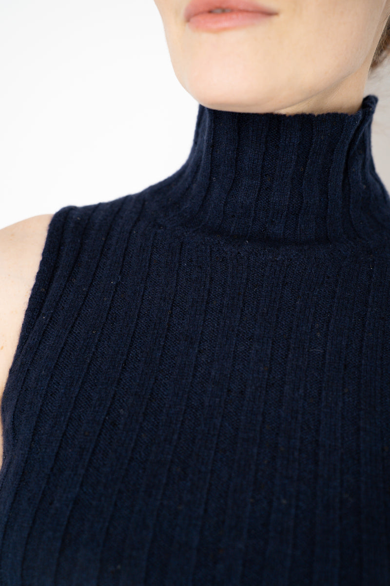 Amina Rubinacci Sequin Knit Turtleneck with Hip Cut-Out in Navy Vancouver. Shop Online or in Store.
