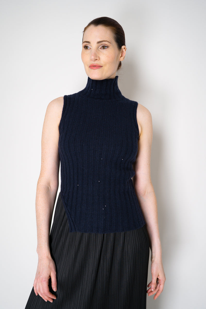 Amina Rubinacci Sequin Knit Turtleneck with Hip Cut-Out in Navy Vancouver. Shop Online or in Store.