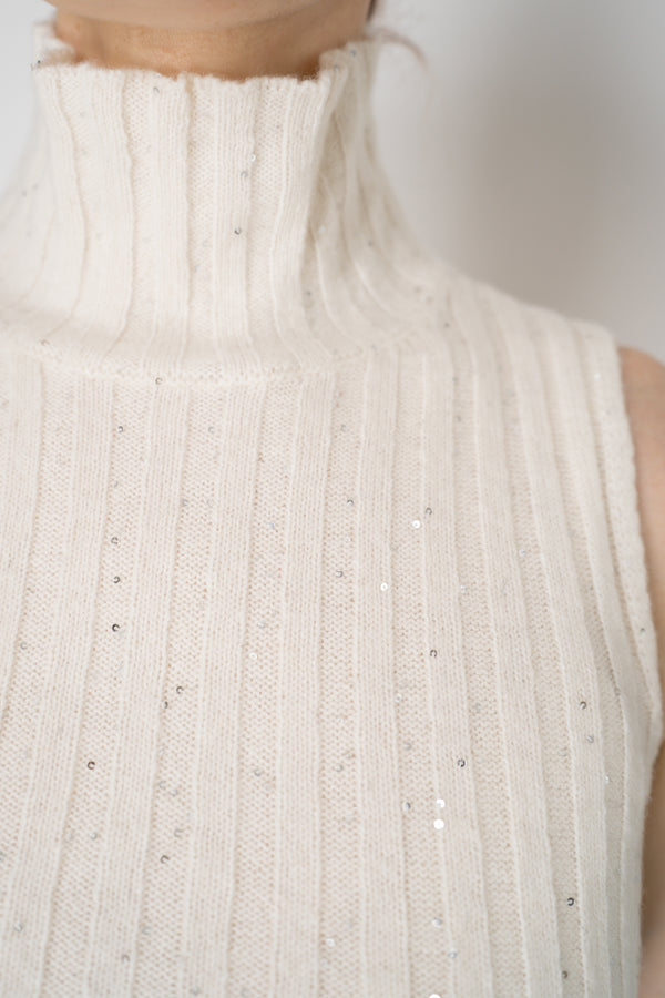 Amina Rubinacci Sequin Knit Turtleneck with Hip Cut-Out in Off-White Vancouver. Shop Online or in Store.