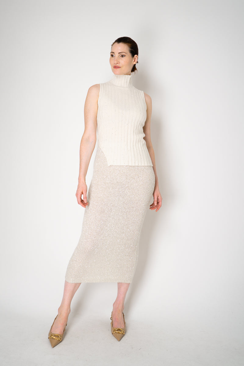 Amina Rubinacci Sequin Knit Turtleneck with Hip Cut-Out in Off-White Vancouver. Shop Online or in Store.