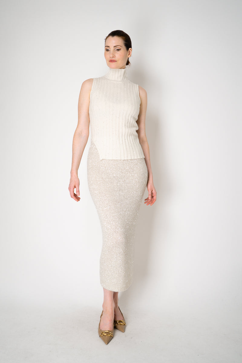 Amina Rubinacci Sequin Knit Turtleneck with Hip Cut-Out in Off-White Vancouver. Shop Online or in Store.