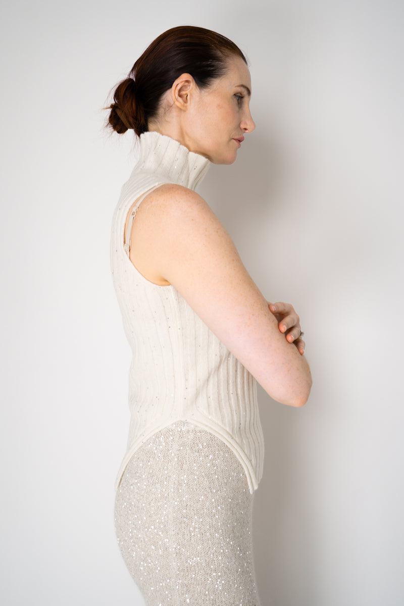 Amina Rubinacci Sequin Knit Turtleneck with Hip Cut-Out in Off-White Vancouver. Shop Online or in Store.
