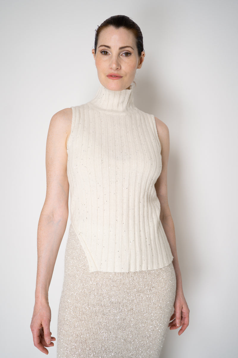 Amina Rubinacci Sequin Knit Turtleneck with Hip Cut-Out in Off-White Vancouver. Shop Online or in Store.