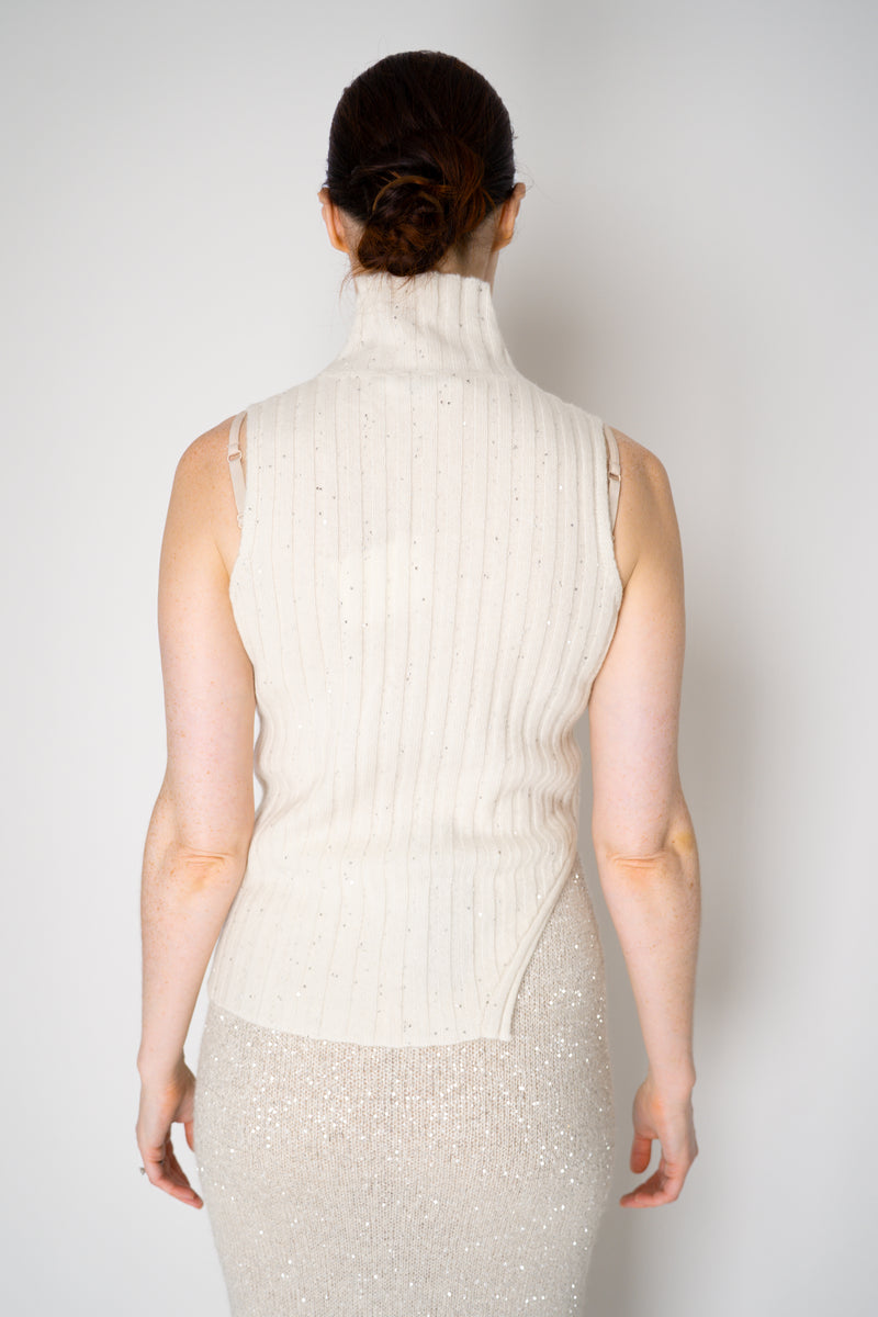 Amina Rubinacci Sequin Knit Turtleneck with Hip Cut-Out in Off-White Vancouver. Shop Online or in Store.