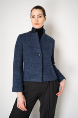 Amina Rubinacci Stretch Knit Cropped Single Breasted Jacket in Blue Melange Vancouver. Shop Online or in Store.