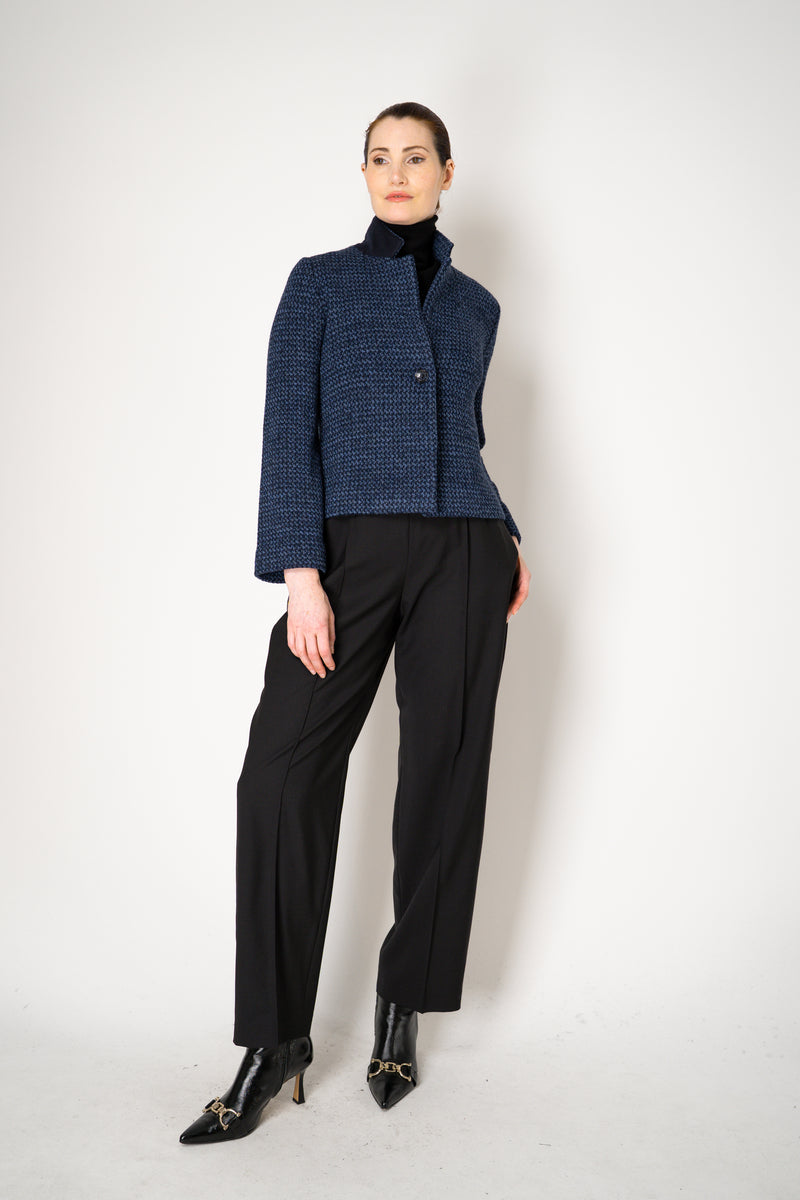 Amina Rubinacci Stretch Knit Cropped Single Breasted Jacket in Blue Melange Vancouver. Shop Online or in Store.
