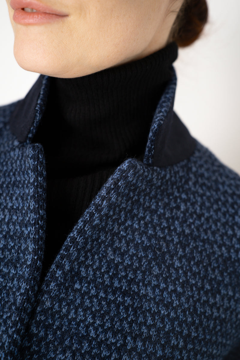 Amina Rubinacci Stretch Knit Cropped Single Breasted Jacket in Blue Melange Vancouver. Shop Online or in Store.