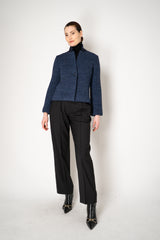 Amina Rubinacci Stretch Knit Cropped Single Breasted Jacket in Blue Melange Vancouver. Shop Online or in Store.