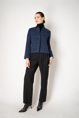 Amina Rubinacci Stretch Knit Cropped Single Breasted Jacket in Blue Melange Vancouver. Shop Online or in Store.