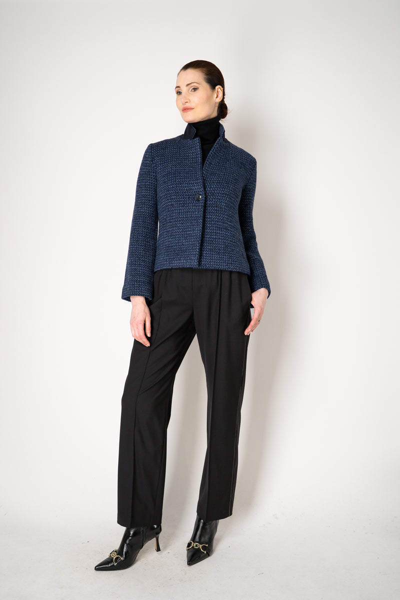 Amina Rubinacci Stretch Knit Cropped Single Breasted Jacket in Blue Melange Vancouver. Shop Online or in Store.