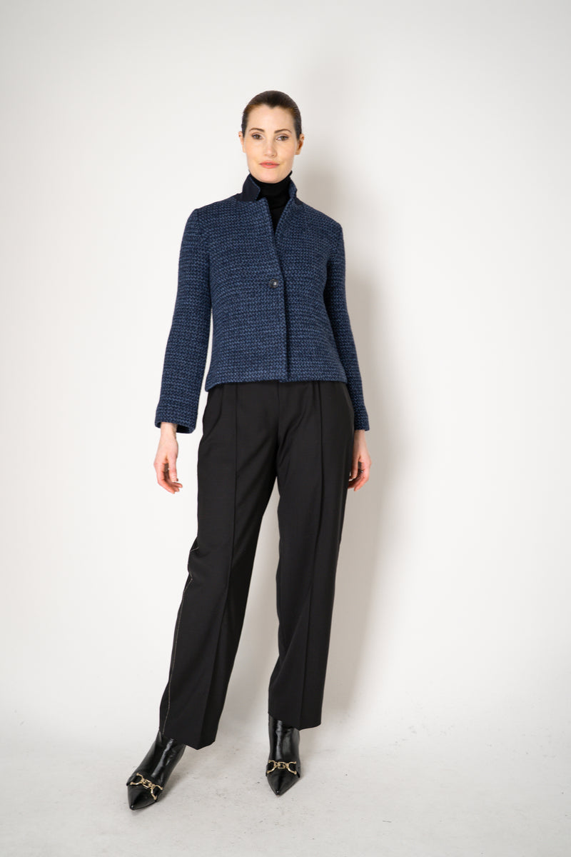 Amina Rubinacci Stretch Knit Cropped Single Breasted Jacket in Blue Melange Vancouver. Shop Online or in Store.
