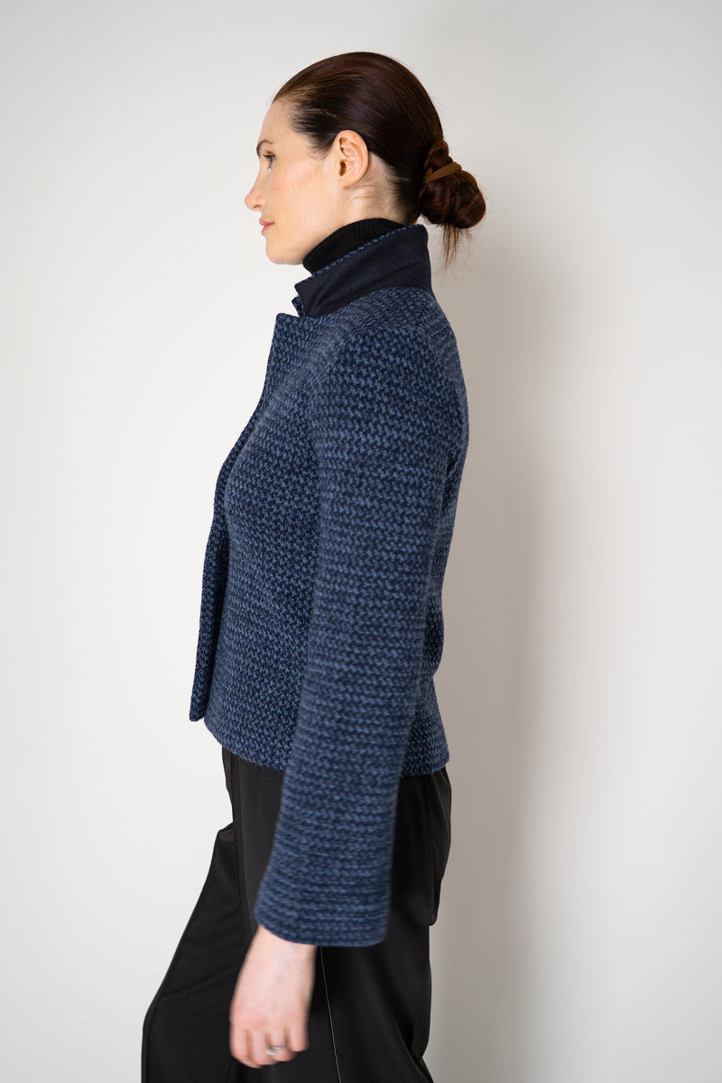 Amina Rubinacci Stretch Knit Cropped Single Breasted Jacket in Blue Melange Vancouver. Shop Online or in Store.