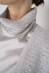 Amina Rubinacci Stretch Knit Ribbed Sequin Cardigan in Light Grey Vancouver. Shop Online or in Store.