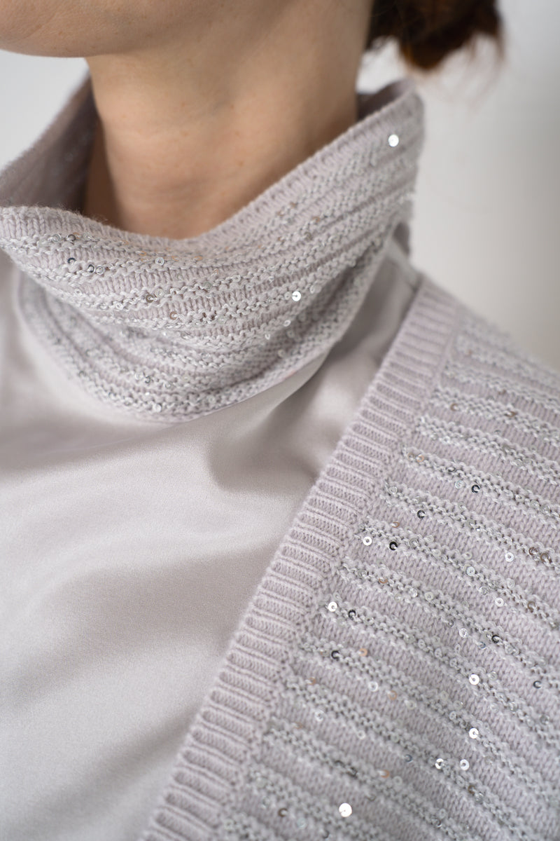 Amina Rubinacci Stretch Knit Ribbed Sequin Cardigan in Light Grey Vancouver. Shop Online or in Store.