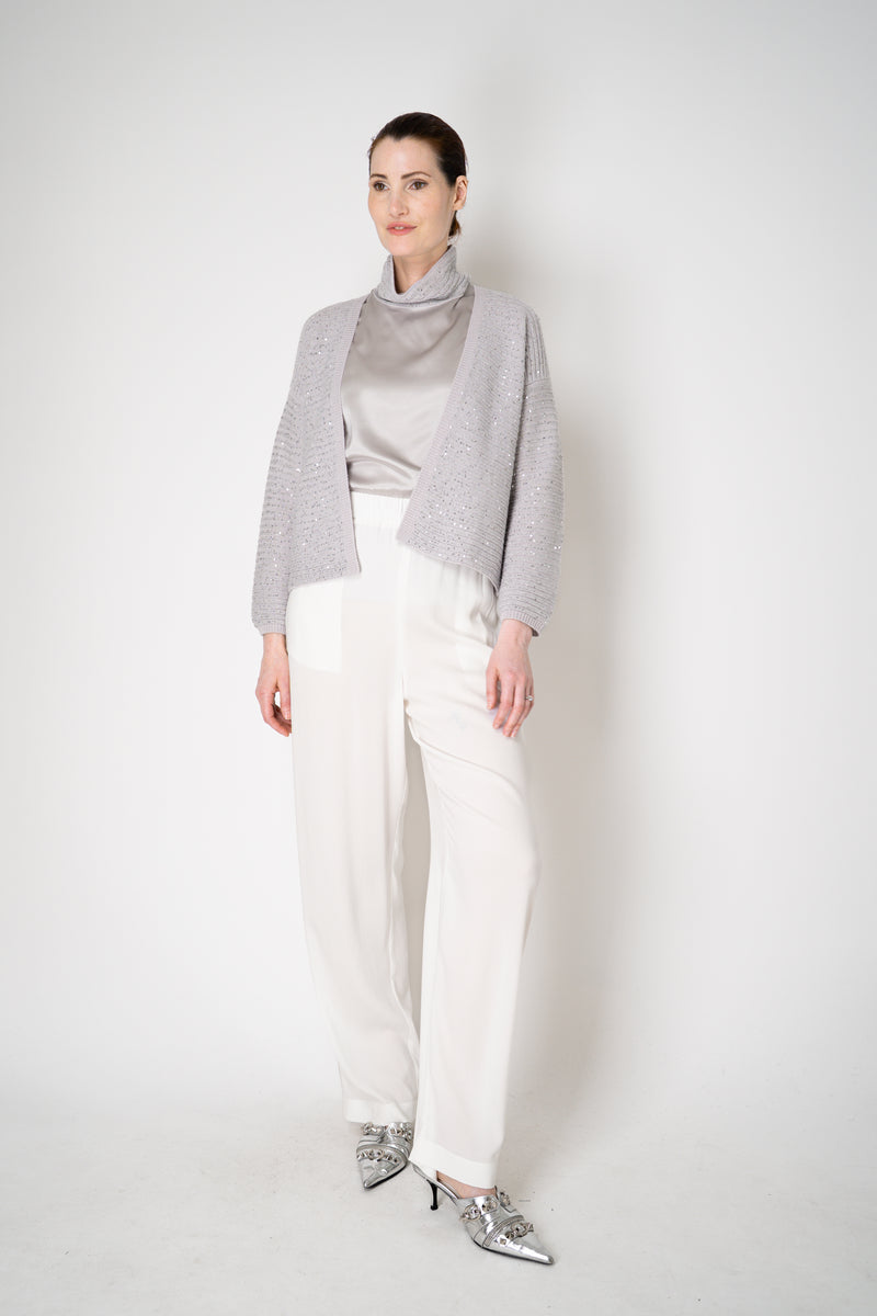 Amina Rubinacci Stretch Knit Ribbed Sequin Cardigan in Light Grey Vancouver. Shop Online or in Store.