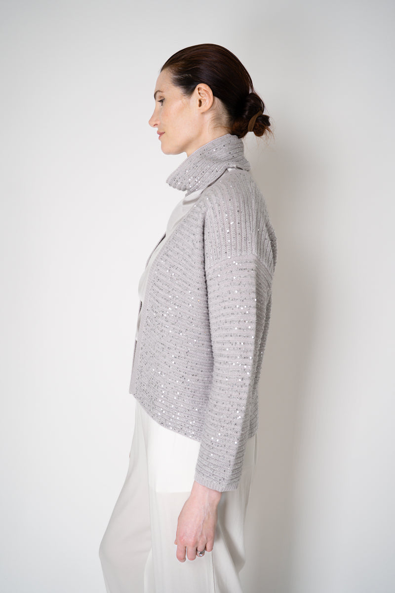Amina Rubinacci Stretch Knit Ribbed Sequin Cardigan in Light Grey Vancouver. Shop Online or in Store.