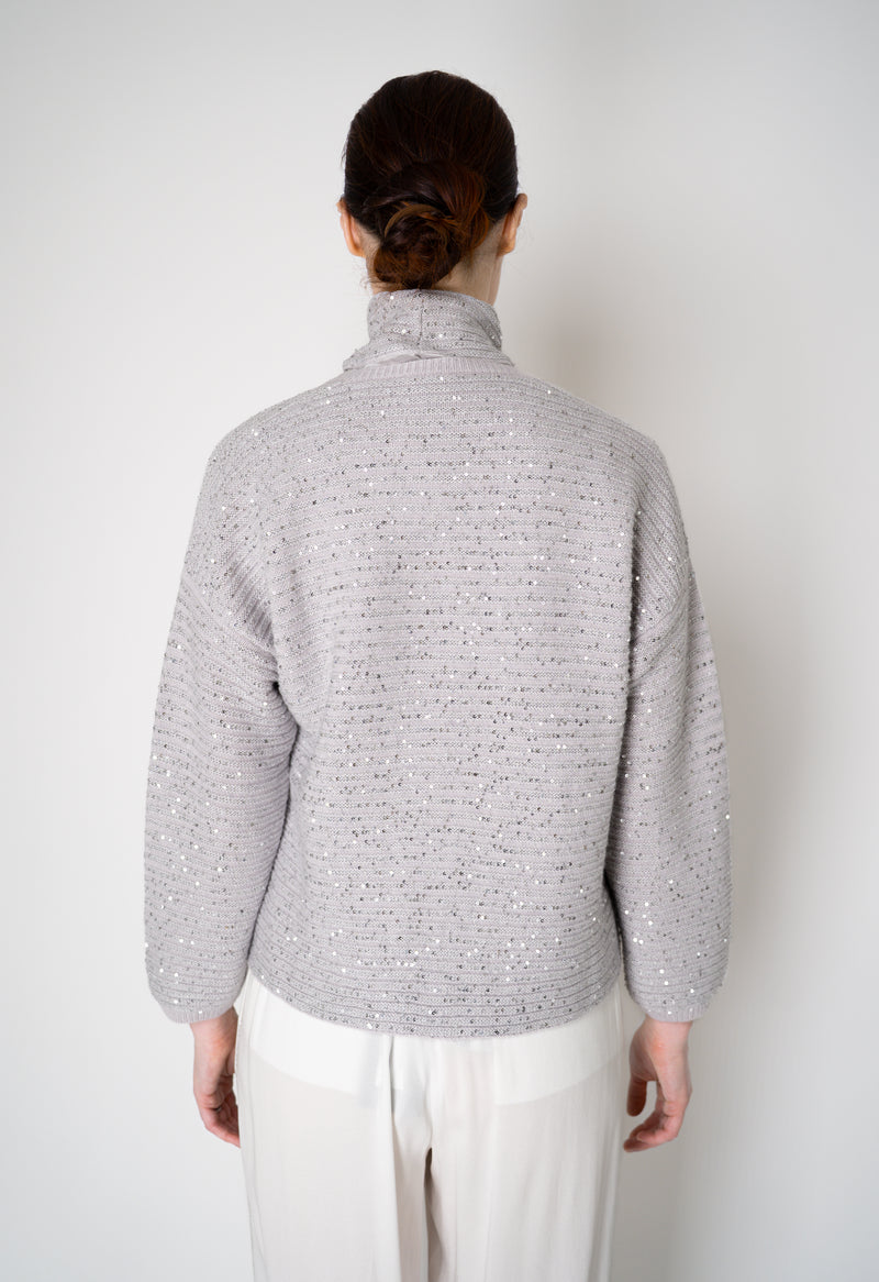 Amina Rubinacci Stretch Knit Ribbed Sequin Cardigan in Light Grey Vancouver. Shop Online or in Store.