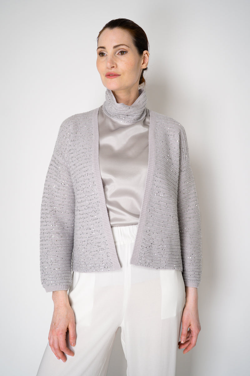 Amina Rubinacci Stretch Knit Ribbed Sequin Cardigan in Light Grey Vancouver. Shop Online or in Store.