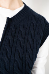 Amina Rubinacci Wool Cashmere Cable Knit Zip Vest in Navy Vancouver. Shop Online or in Store.