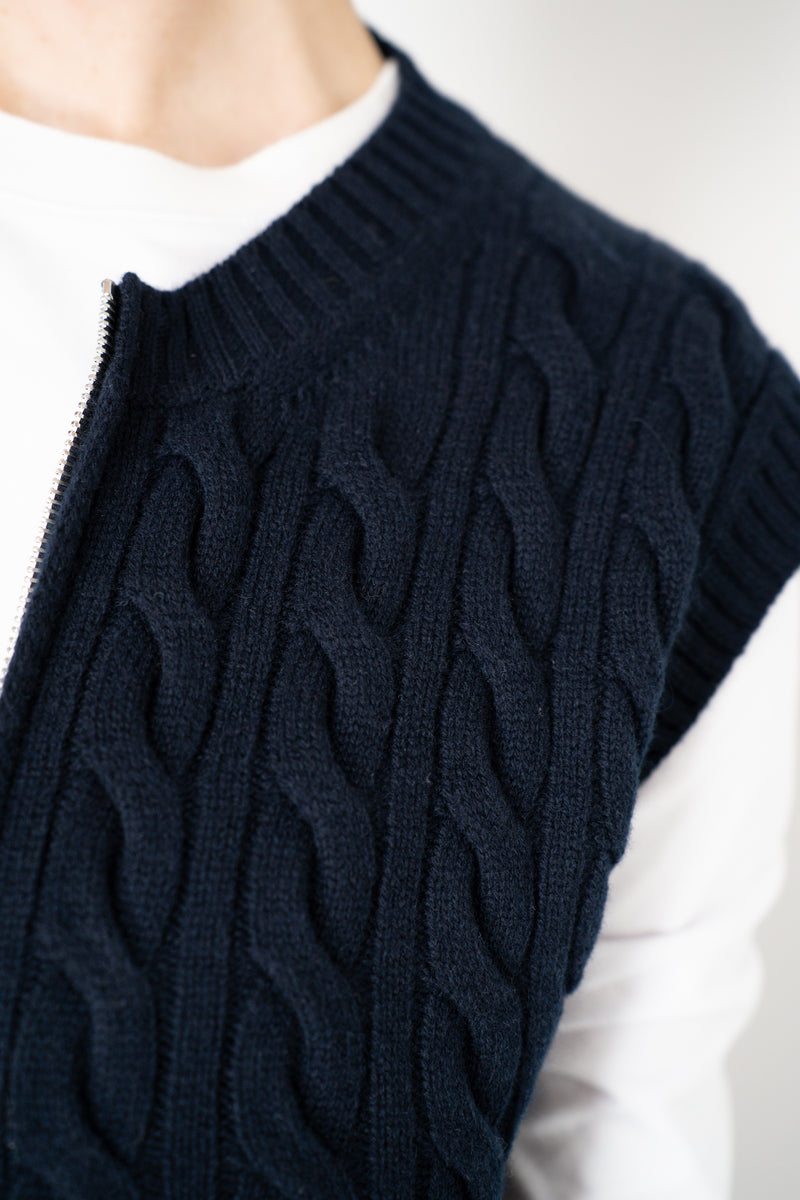 Amina Rubinacci Wool Cashmere Cable Knit Zip Vest in Navy Vancouver. Shop Online or in Store.