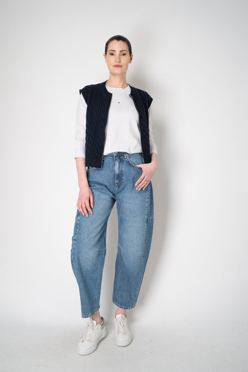 Amina Rubinacci Wool Cashmere Cable Knit Zip Vest in Navy Vancouver. Shop Online or in Store.