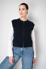 Amina Rubinacci Wool Cashmere Cable Knit Zip Vest in Navy Vancouver. Shop Online or in Store.