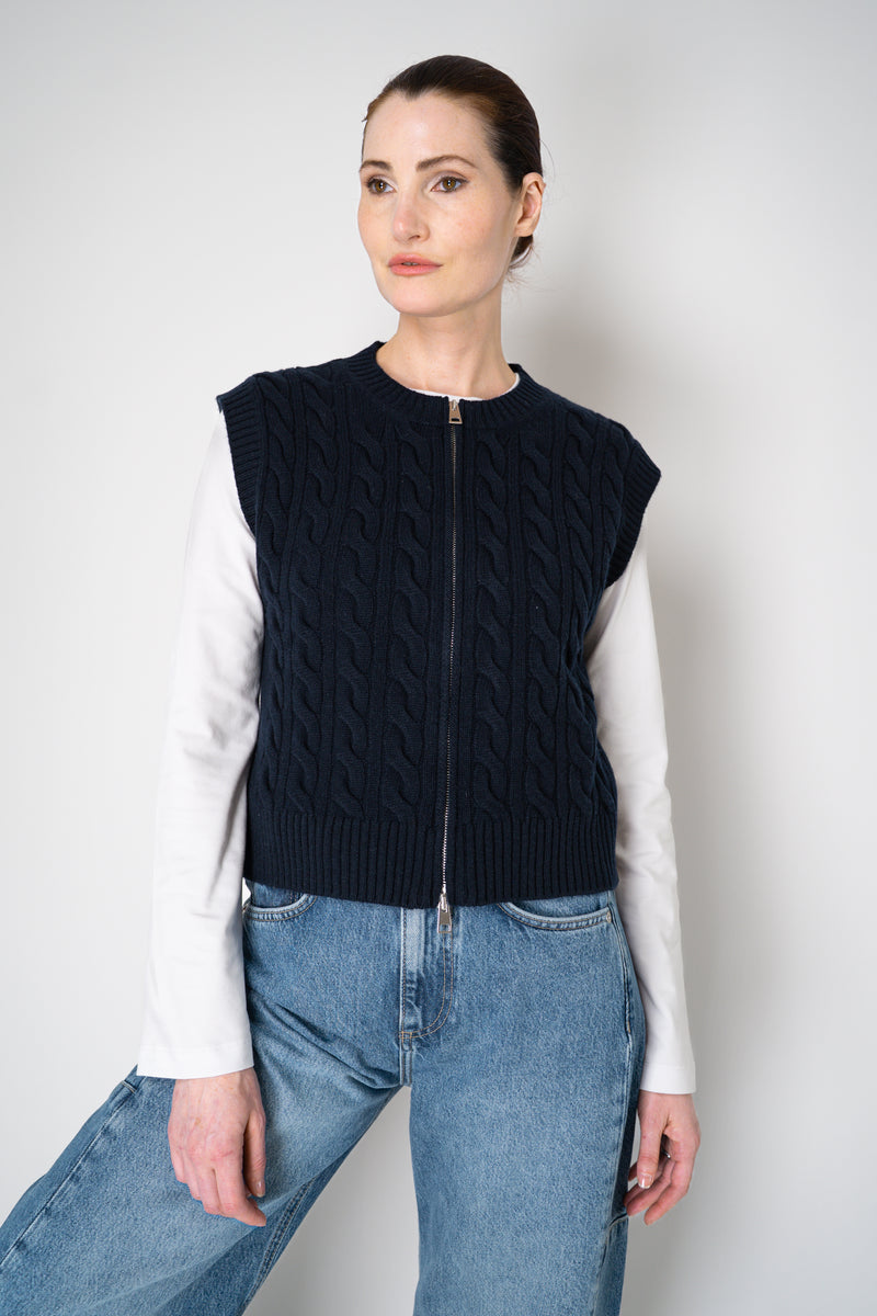 Amina Rubinacci Wool Cashmere Cable Knit Zip Vest in Navy Vancouver. Shop Online or in Store.