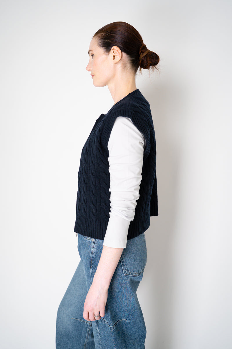 Amina Rubinacci Wool Cashmere Cable Knit Zip Vest in Navy Vancouver. Shop Online or in Store.