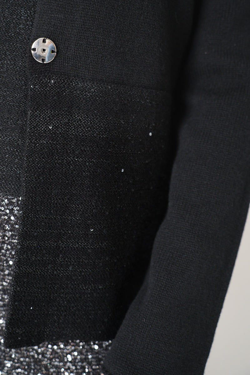 Amina Rubinacci Wool Cashmere Knit Cardigan Jacket with Sequined Hem in Black Vancouver. Shop Online or in Store.