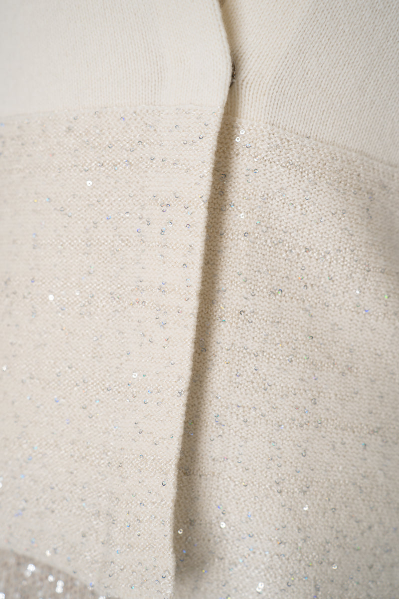 Amina Rubinacci Wool Cashmere Knit Cardigan Jacket with Sequined Hem in Ivory Vancouver. Shop Online or in Store.