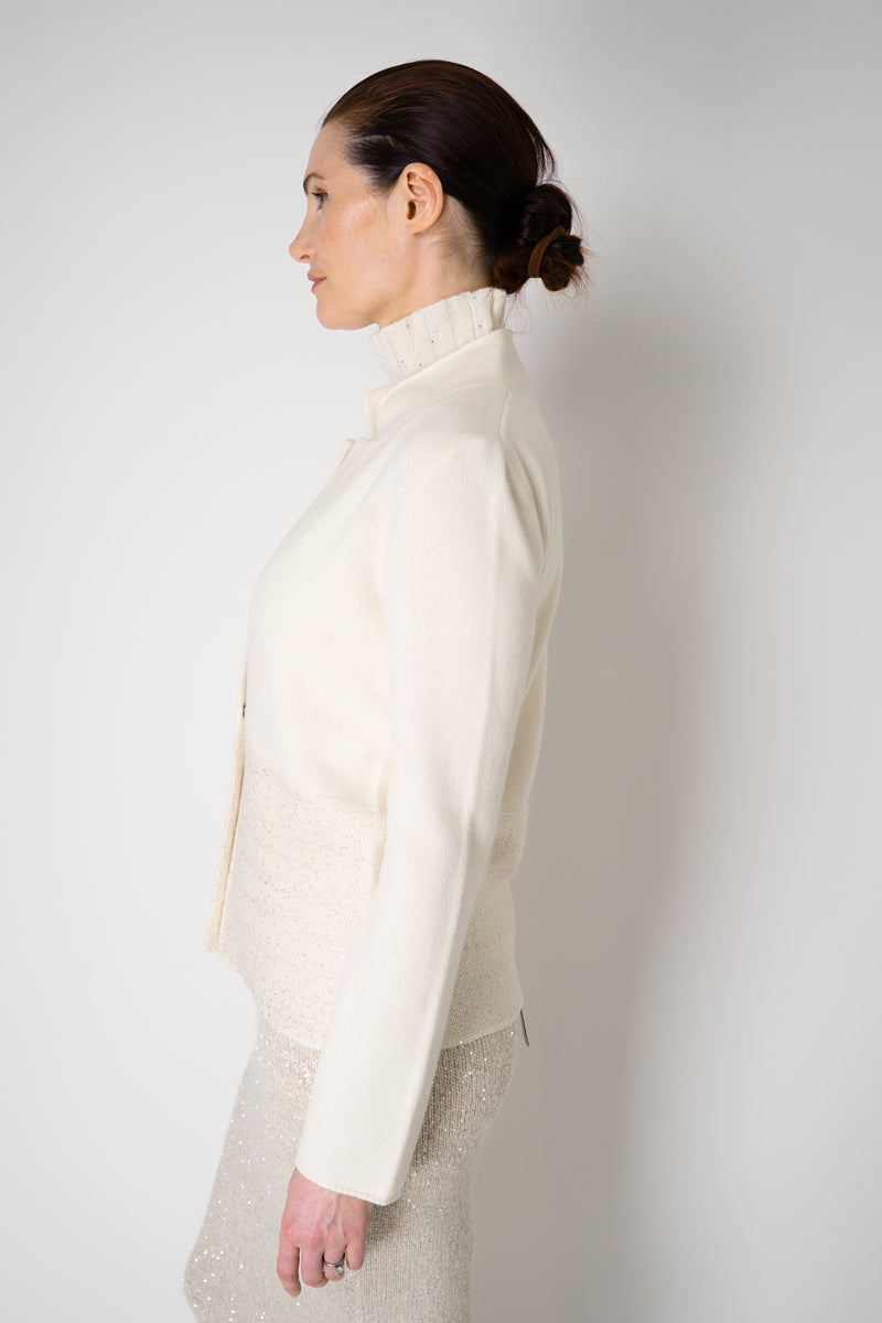 Amina Rubinacci Wool Cashmere Knit Cardigan Jacket with Sequined Hem in Ivory Vancouver. Shop Online or in Store.