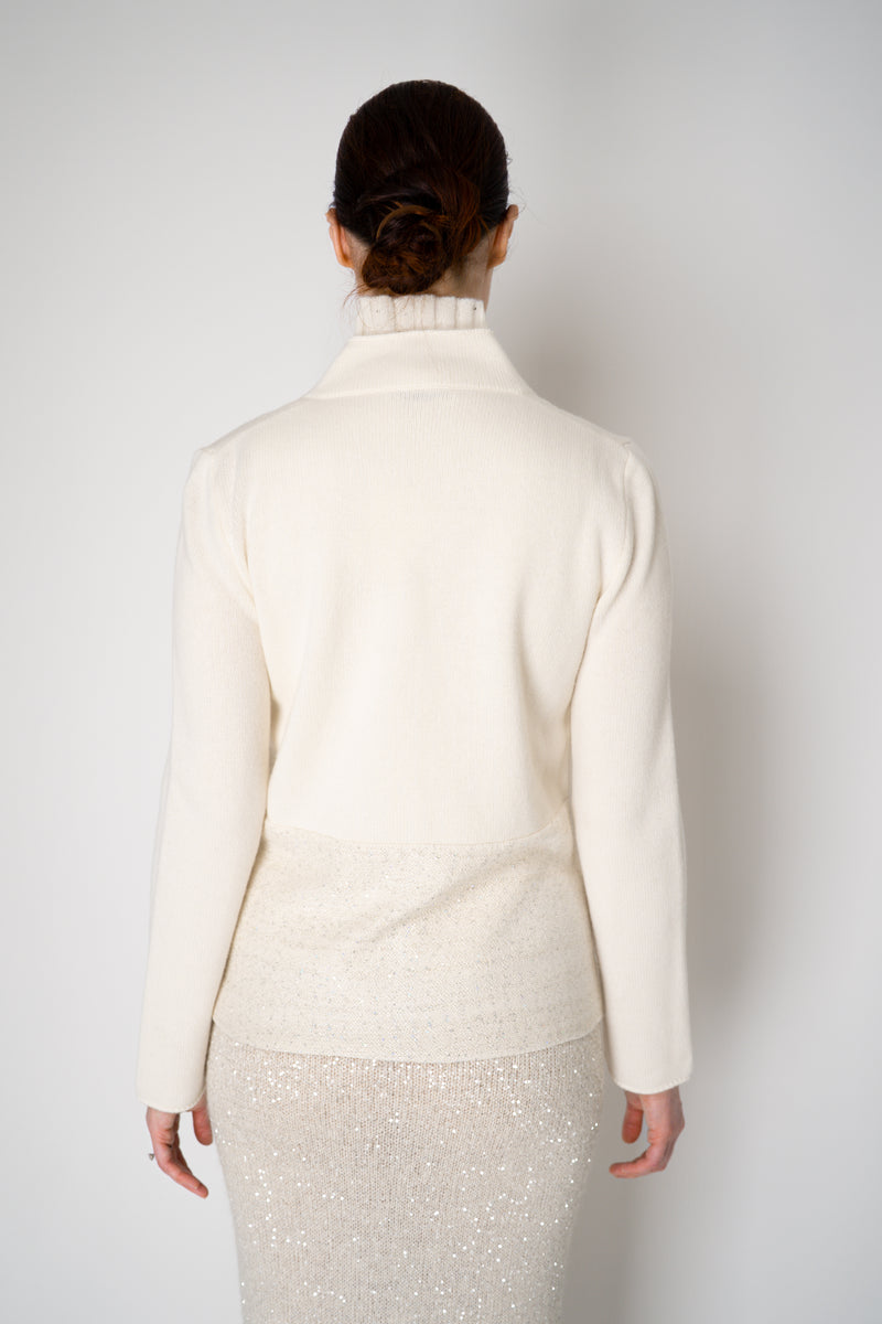 Amina Rubinacci Wool Cashmere Knit Cardigan Jacket with Sequined Hem in Ivory Vancouver. Shop Online or in Store.