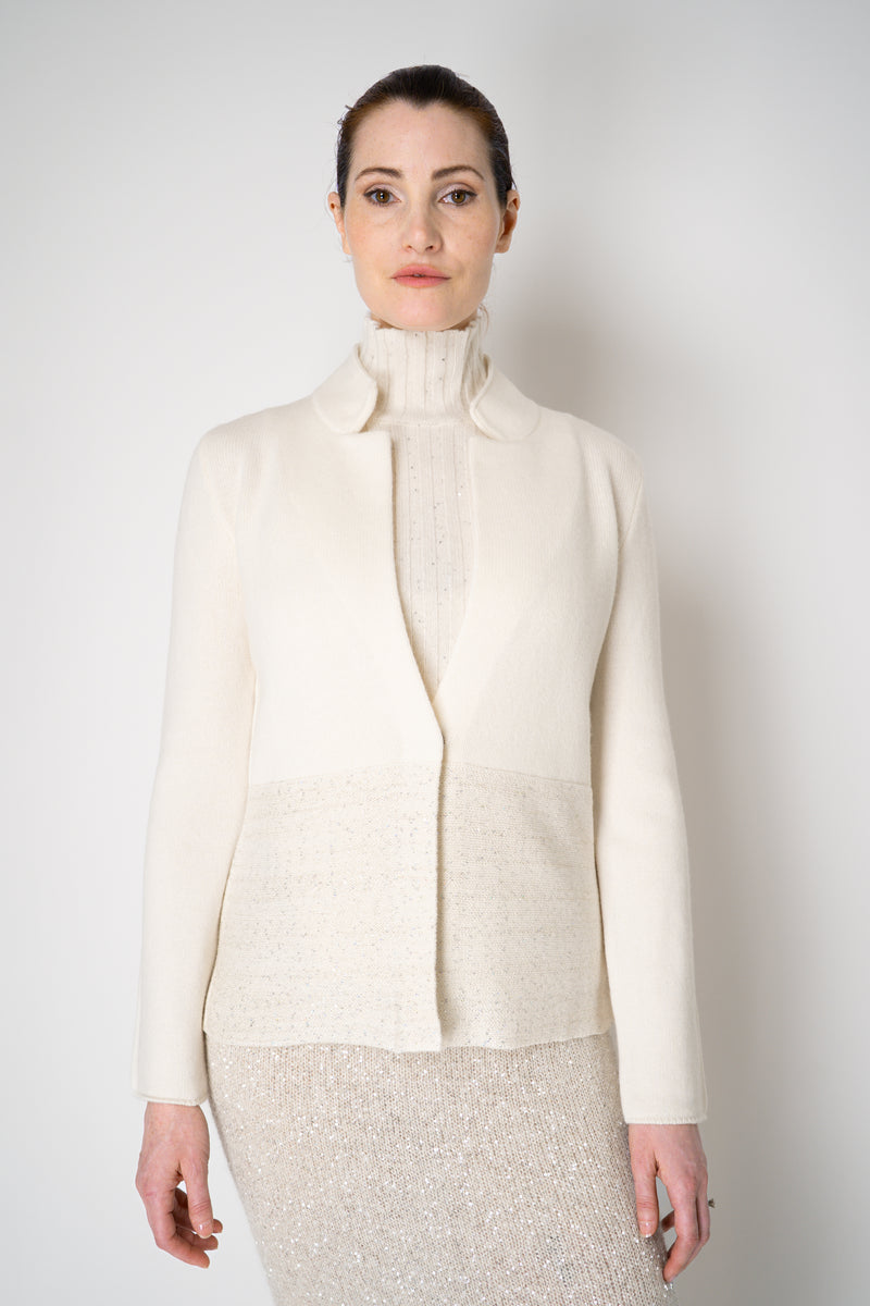 Amina Rubinacci Wool Cashmere Knit Cardigan Jacket with Sequined Hem in Ivory Vancouver. Shop Online or in Store.