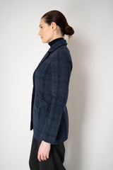 Amina Rubinacci Wool Cashmere Knit Check Blazer Jacket in Navy Vancouver. Shop Online or in Store.