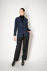 Amina Rubinacci Wool Cashmere Knit Check Blazer Jacket in Navy Vancouver. Shop Online or in Store.