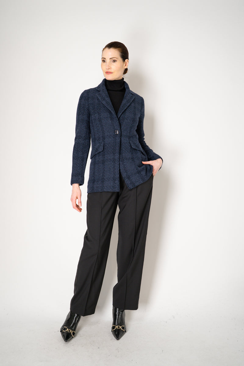 Amina Rubinacci Wool Cashmere Knit Check Blazer Jacket in Navy Vancouver. Shop Online or in Store.