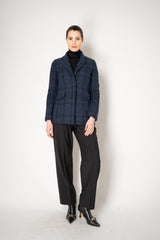 Amina Rubinacci Wool Cashmere Knit Check Blazer Jacket in Navy Vancouver. Shop Online or in Store.