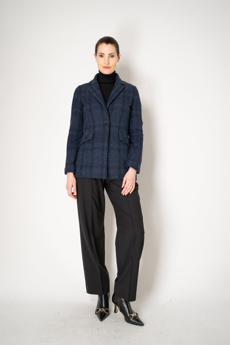 Amina Rubinacci Wool Cashmere Knit Check Blazer Jacket in Navy Vancouver. Shop Online or in Store.